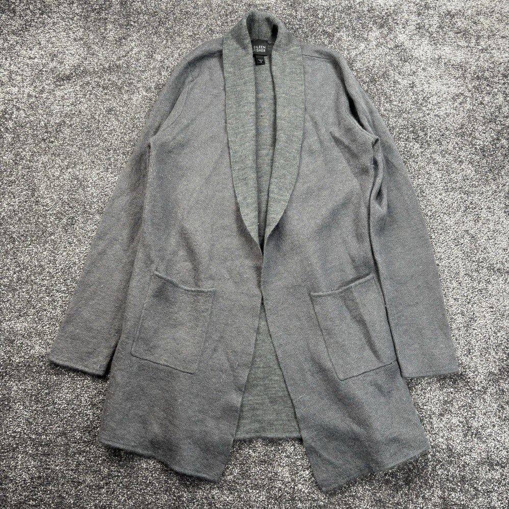 Eileen Fisher Long Open‎ Front Cardigan Sweater Womens Medium Gray Wool Mohair